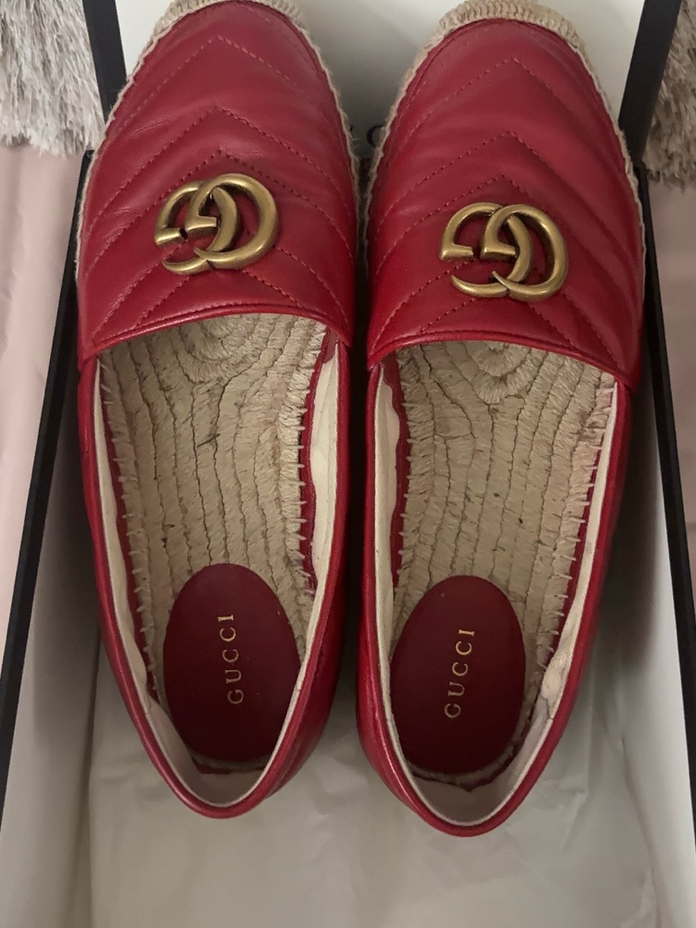 Gucci Red Quilted Leather Loafers with Gold Double G